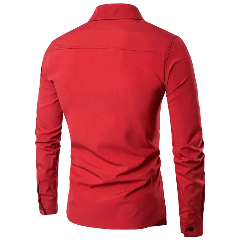 Camisa de solapa de Color sólido para hombre, camisas falsas de dos piezas, negro/rojo/azul marino/blanco, diseño único, novedad de 2024