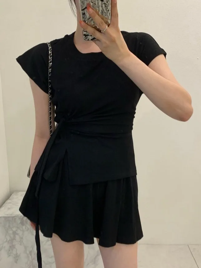 

Корейский повседневный комплект, женский утягивающий топ с застежкой талии и свободная юбка с эластичной резинкой на талии, брюки, модный комплект из двух предметов