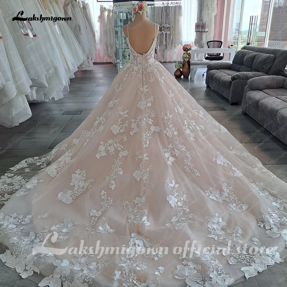 Lakshmigown Luxuriöses Brautkleid mit Spaghettiträgern und Spitze, Herzausschnitt, Champagnerfarbenes Hochzeitskleid für die Braut, Vestidos Para Boda – Detail 11