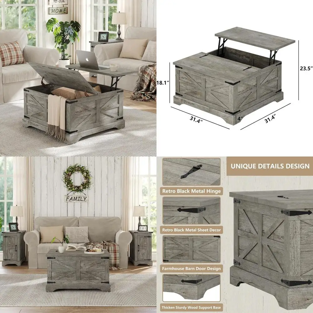 Lift Top Coffee Table with Hidden Storage, Square Wooden Center Table for Living Room, Large Storage Compartment, Rustic Style