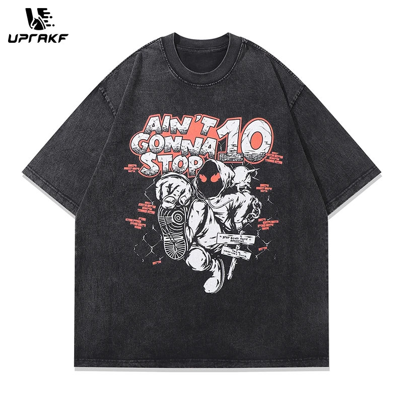 UPRAKF Vintage T Shirts Cotton Washed Loose Trendy Angry Men Print Tee Streetwear Round Neck Summer Short Sleeve Casual