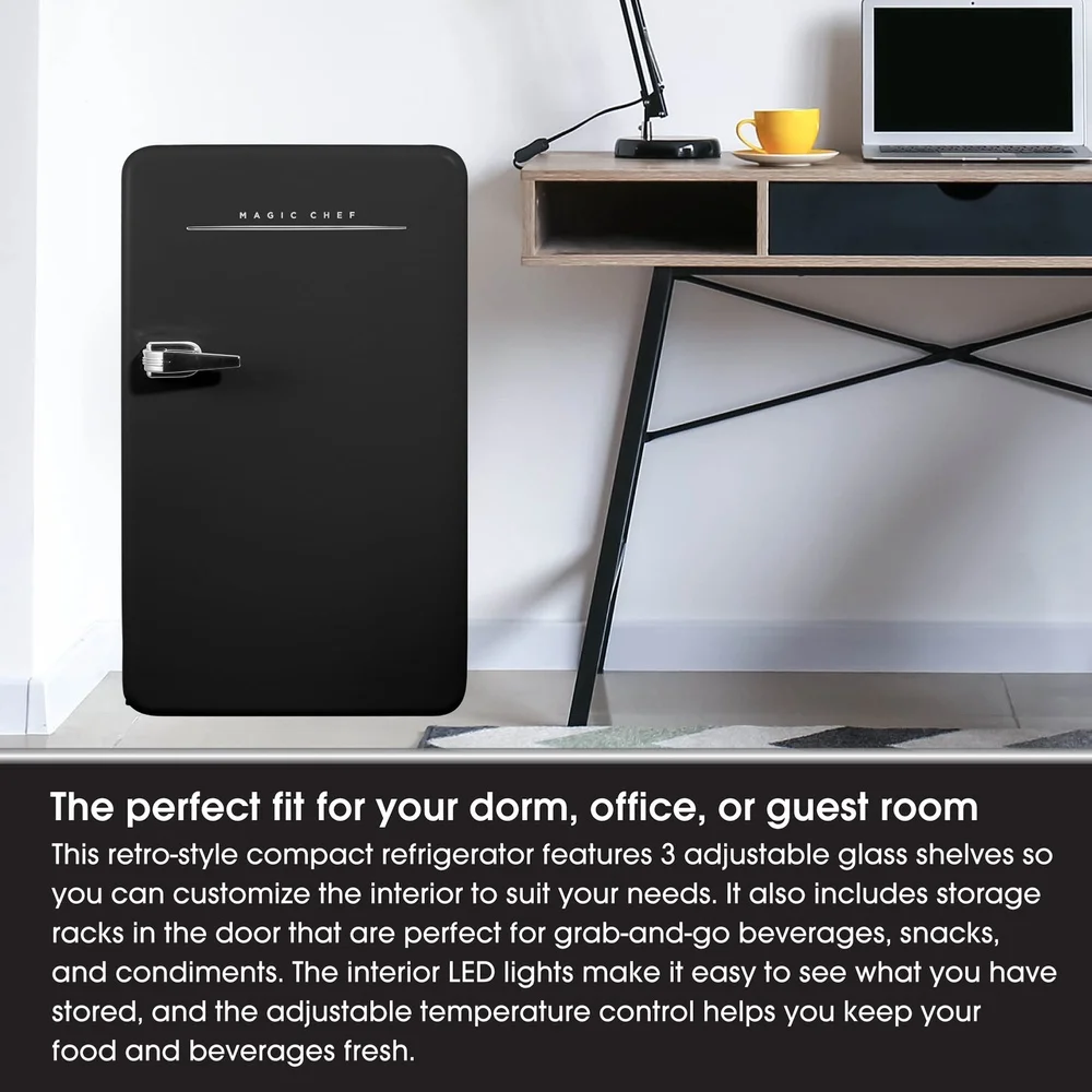 Retro Mini Refrigerator 3.2 cu ft Energy Efficient All Refrigerator Adjustable Shelves LED Light Dorm Office Kitchen Use