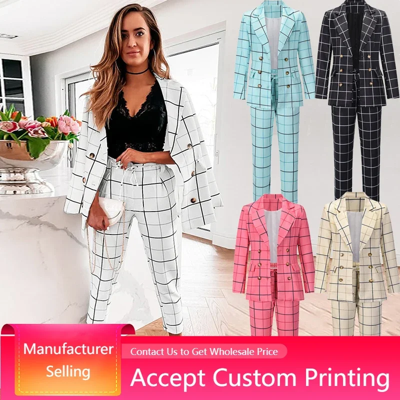 

Autumn Winter Women Plaid Blazer Two Pieces Suit Long Sleeve Double Breasted Blazer Pants Set Drawstring Slim Pants Set