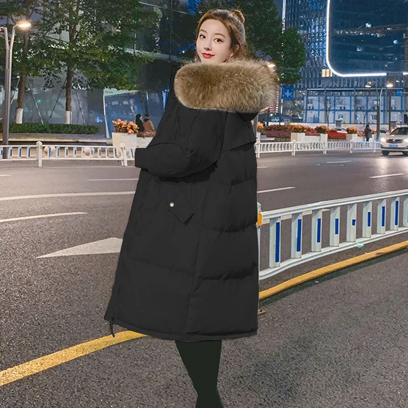 Long Winter Jacket Women Clothing Padded Loose Hooded Fur Collar Down Cotton Coat Female Warm Thick Black Women\'s Parkas