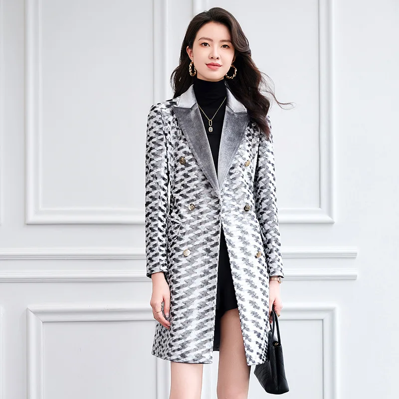 Korean New Women's Windbreaker Split Trench Coat for Women with Belt Geometric Print Color Female Casual Larger Size Outwear