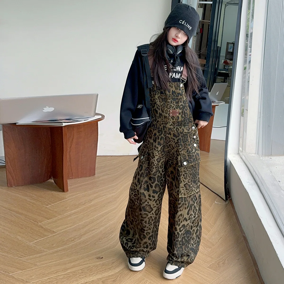 

Детские комбинезоны с леопардовым принтом для подростков, модный свободный повседневный комбинезон для девочек, весенне-осенние прямые широкие брюки-карго для детей 5-14 лет