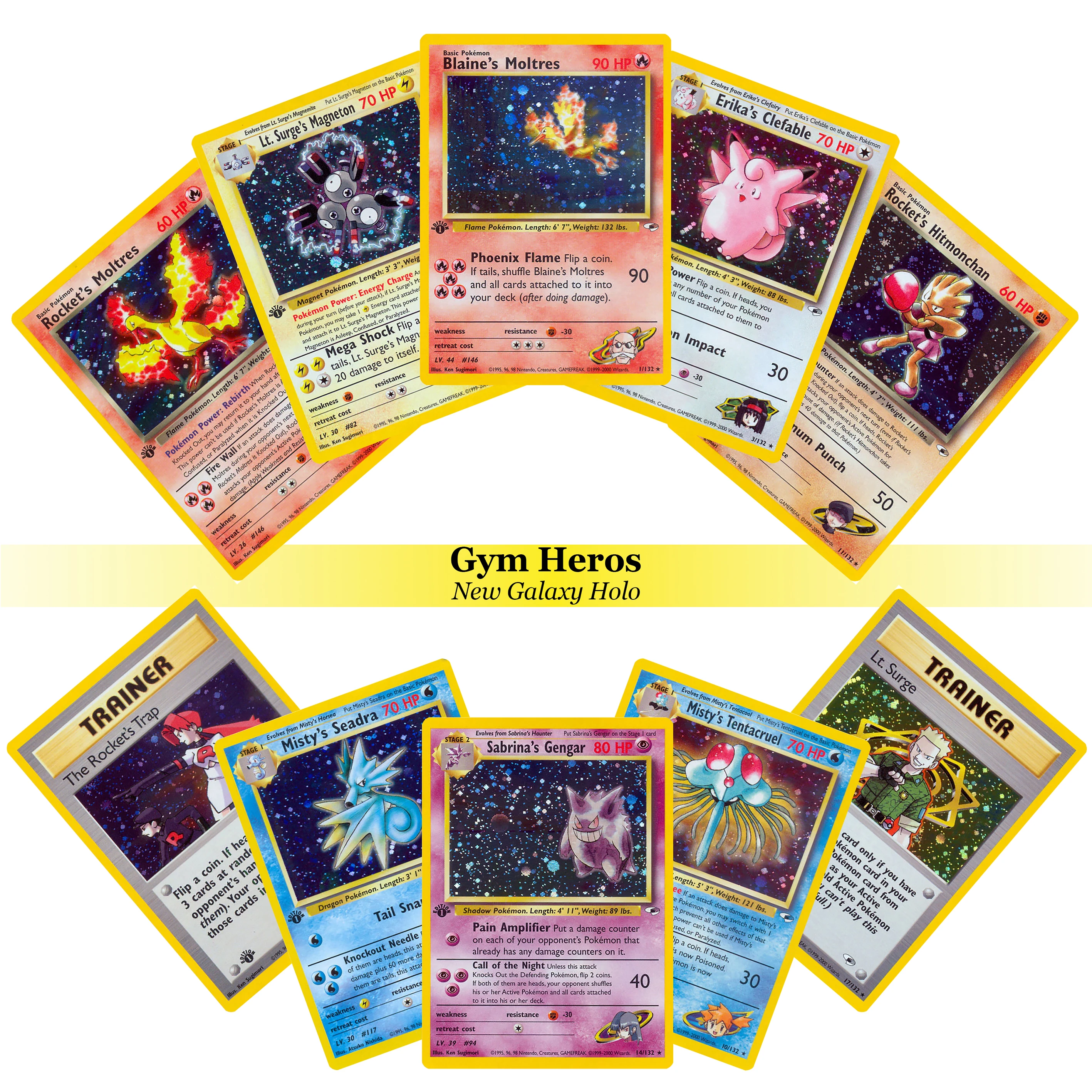 19Pcs PKM TCG Gym Heroes G1 New Glalaxy Foil Set Blaine's Moltres #1‑132 Sabrina's Gengar & Gym Trainer Ptcg Trading Cards Gift