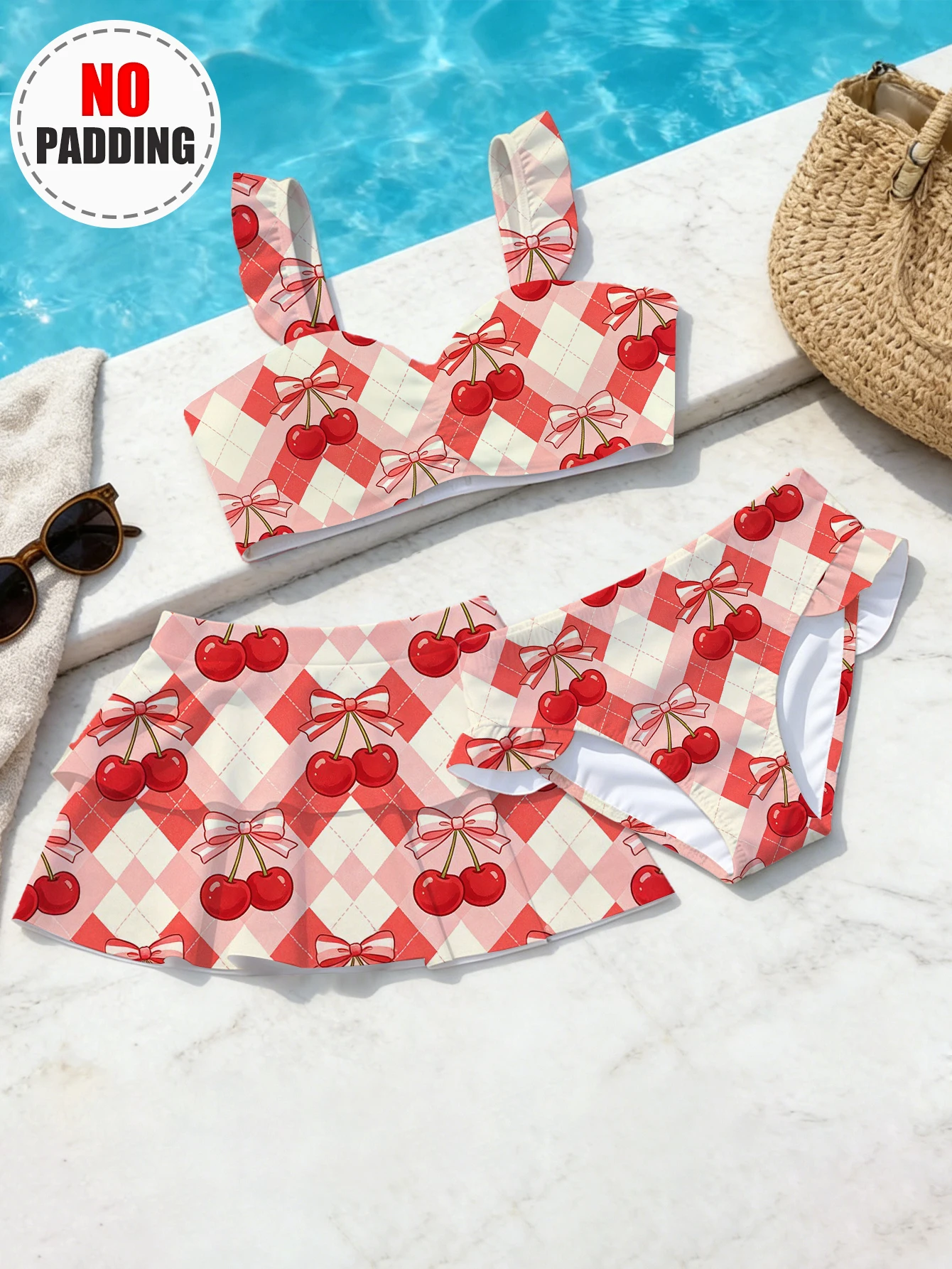 Girls' Summer Cherry Fashion 3-Piece Swim Skirt
