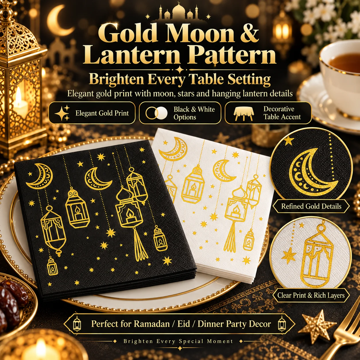 20Pcs Ramadan Eid Paper Napkins 33x33cm 2-Ply Gold Moon Star Lantern Black White Dinner Party Table Decor