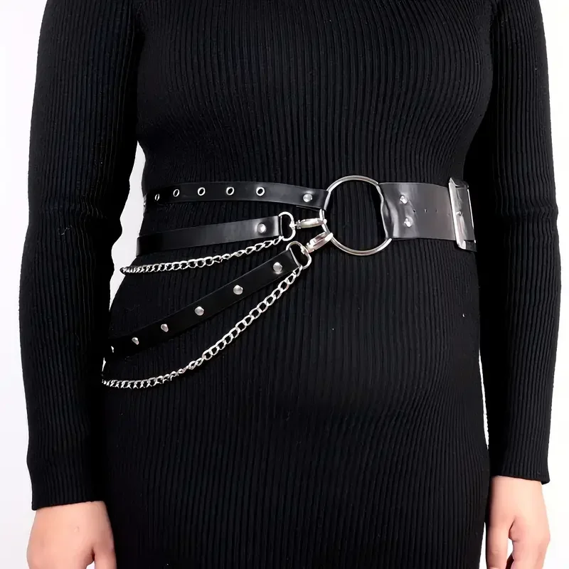 Unisex Leather Skirt Belts para Lady, Punk, Gothic, Rock Harness, Cintura Metal Chain, Body Bondage, Hollow Belt, Acessórios, 1Pc