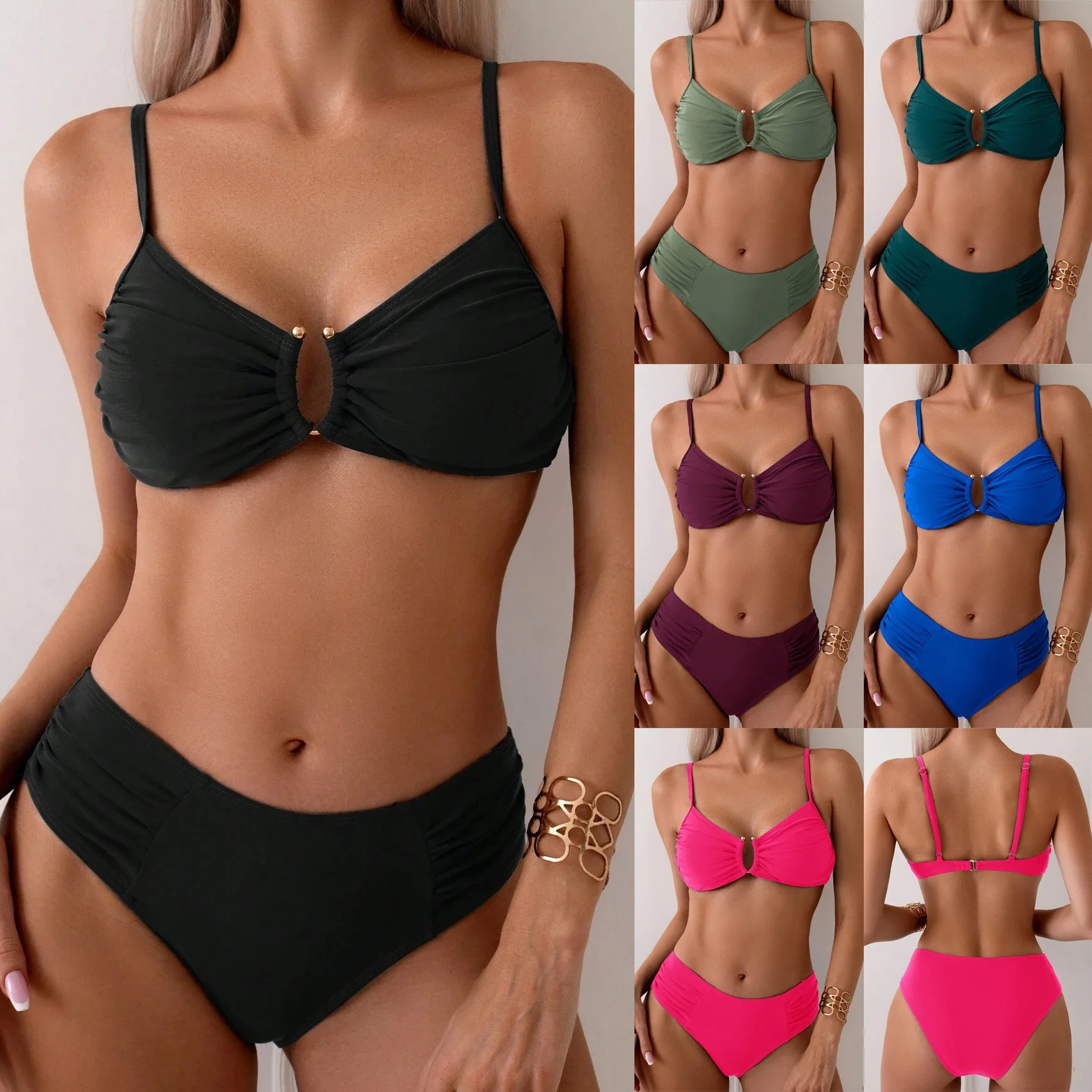 

2026 Bikini Sets For Woman Ruched Front Bikinis High Waisted Bottom Thin Strap Top Swimwear Adjustable Straps Two Piece Bikini