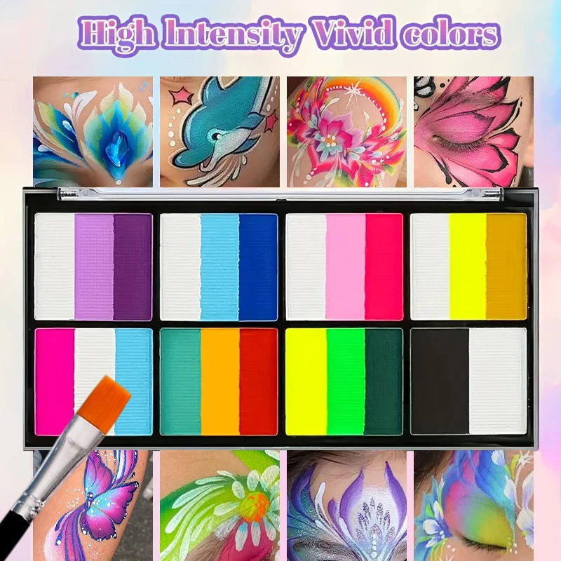 브러쉬 스텐실이 포함된 듀얼 톤 수성 페이스 & 바디 페인트 팔레트, 할로윈, 크리스마스를 위한 무독성 바디 페인트 팔레트 메이크업