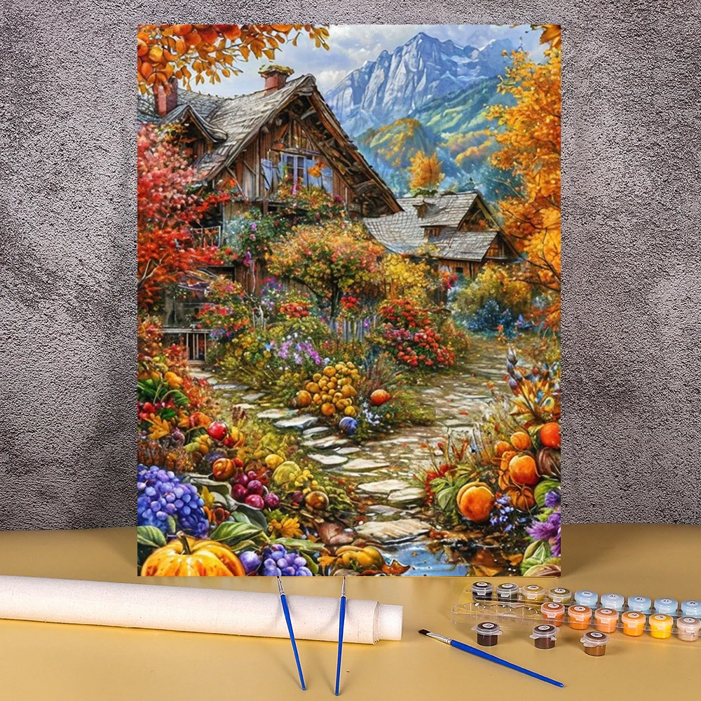 Painting By Numbers Kits Mountain Wooden House Acrylic Paint Landsape Picture On Canvas For Adults Home Decors Bedroom Wall