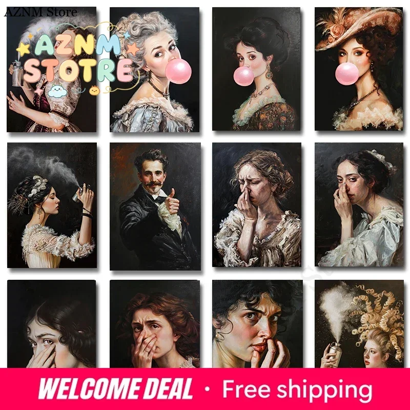 Vintage Victorian WomanPortrait Bubble Gum Canvas Painting Stinky Bathroom Thumbs Up Poster Wall Art Funny Bathroom Decor