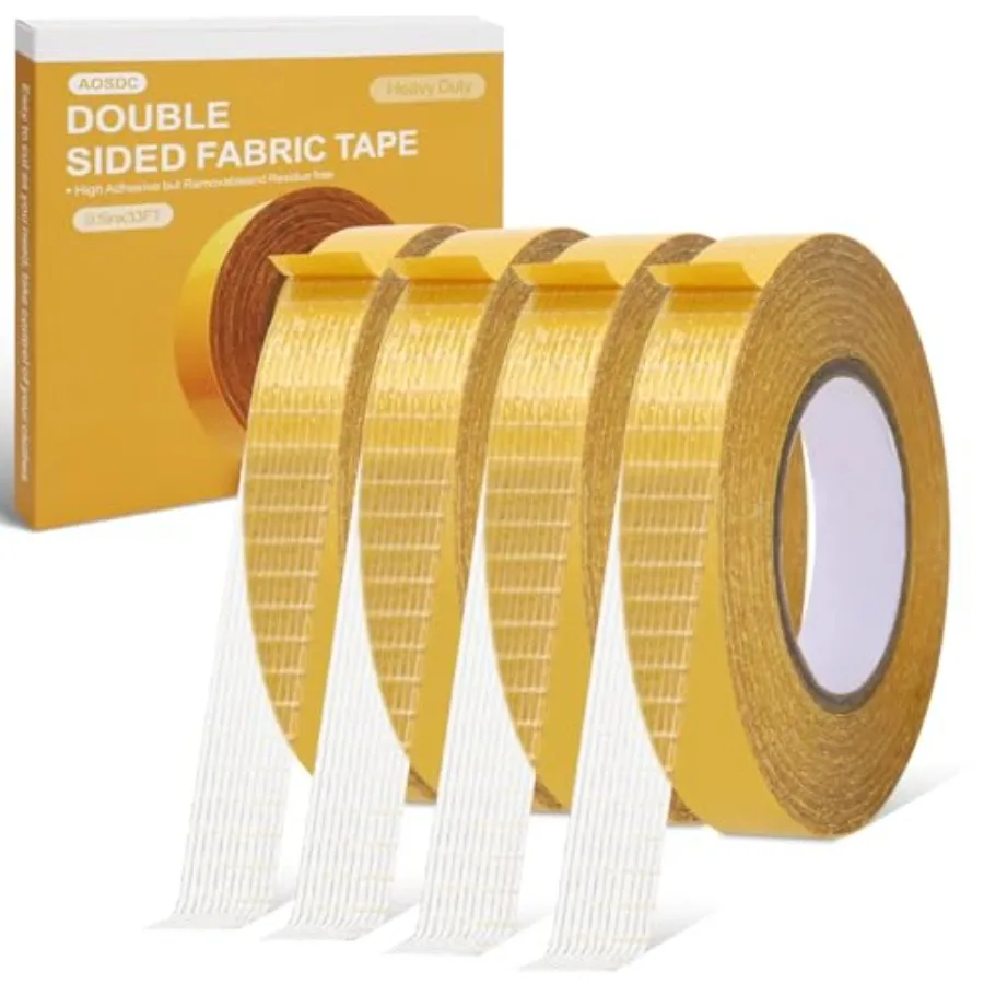 4 Pack 0.5 in x 33FT/10m Double Sided Fabric Tape Heavy Duty for Hem Fashion Dress, Cloth Curtains High Adhesive Sticky but Rem