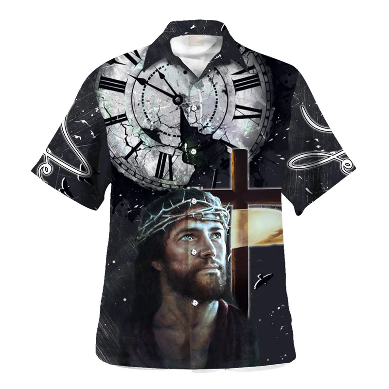 Vintage Jesus Hawaiian Shirt For Men 3D Printed Christianity Button Down Beach Shirts Tops Summer Mens Short Sleeves Blouse Tees