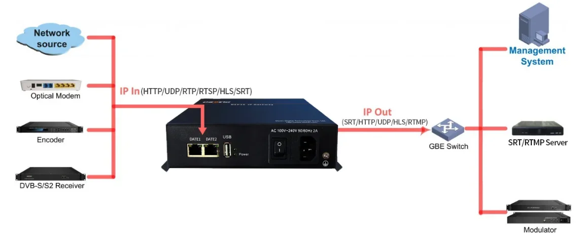 DEXIN NEP10 IP Gateway, Penerima SRT, SRT, HTTP, UDP, RTP, RTSP dan Konverter Protokol Gateway HLS