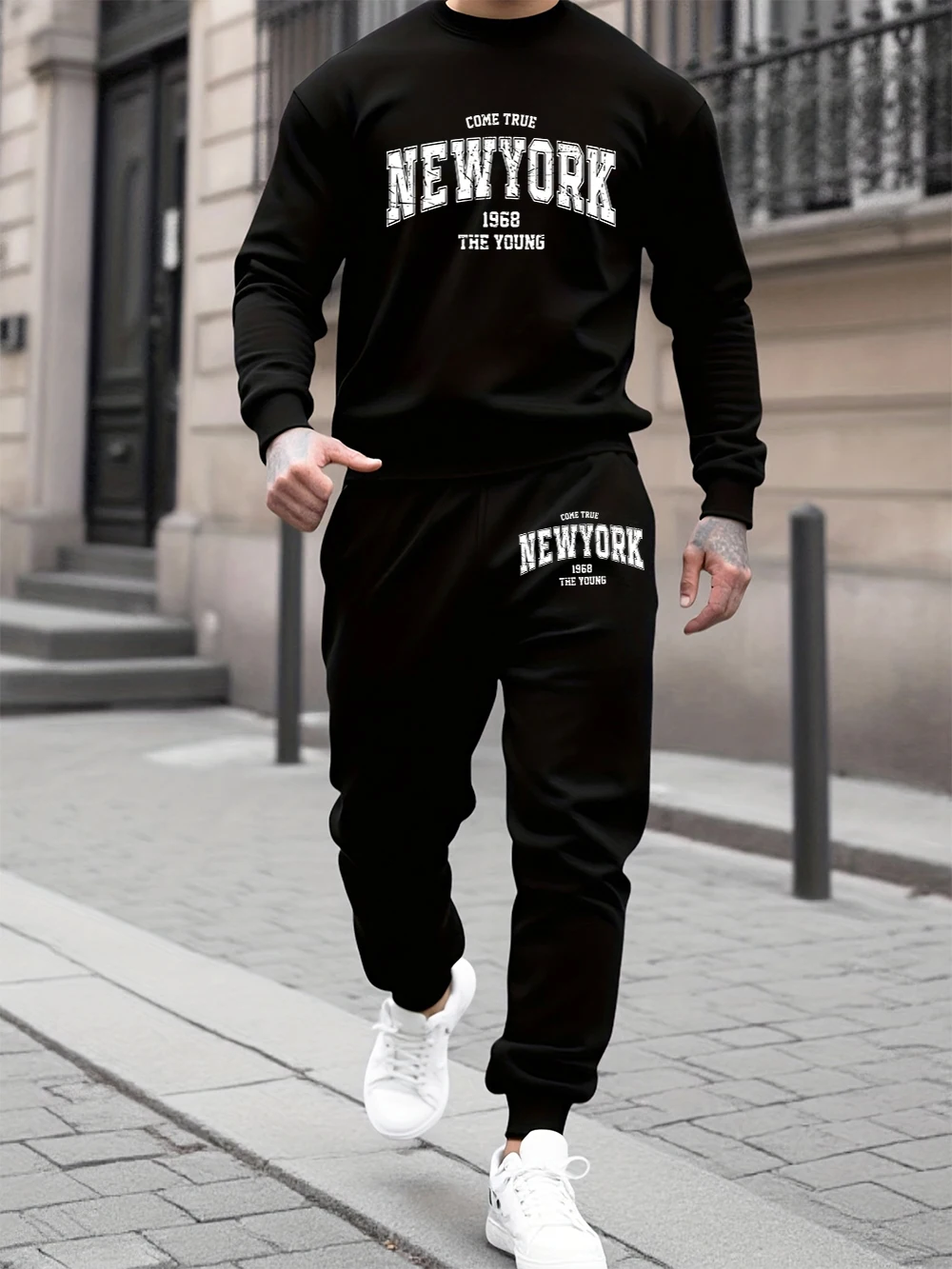 

2 Pcs Hoodies Set Mens Come Ture New York City Print Sweatpants Autumn Loose Fleece Warm Jogging Outfits Casual Crewneck Clothes