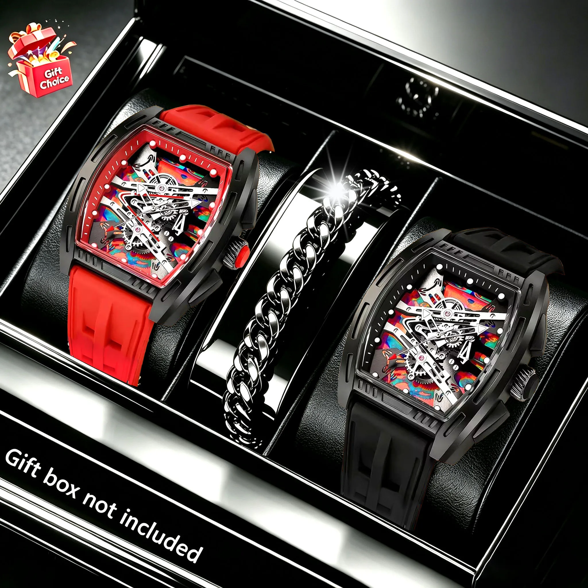 3-Piece Set of Two-Tone Barrel-Shaped Men's Skeleton Watches + 1 Bracelet, Casual Business Silicone Strap Wristwatch, Trendy Mechanical Style Sports Men's Watch