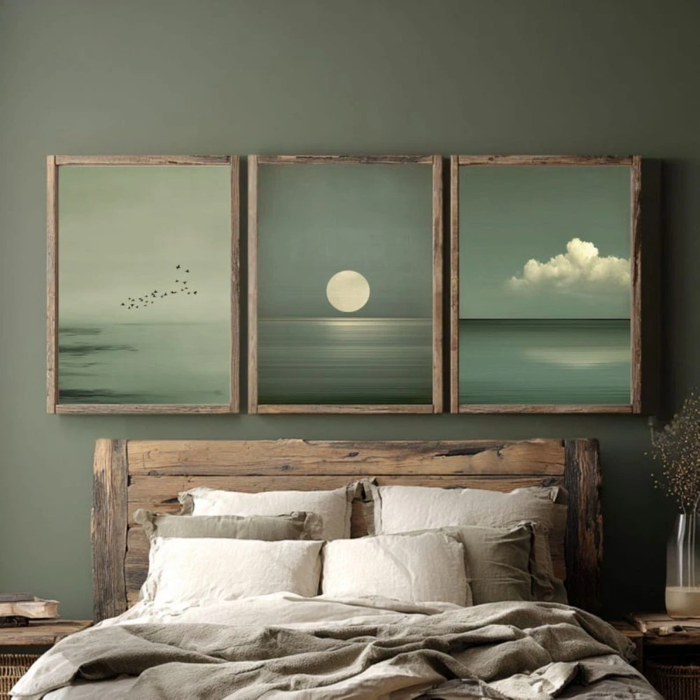 Japandi Wall Art Set of 3 Minimalist Sage Green Posters Scandinavian Zen Decor Wabi Sabi Calm Seascape Art Prints Gift Poster