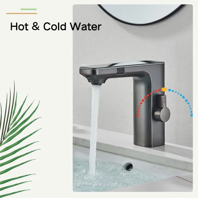 Gun Grey Touchless Sensor Basin Faucet Smart Digital Display Bathroom Sink Faucet Sense Hot Cold Water Mixer Tap Battery Power