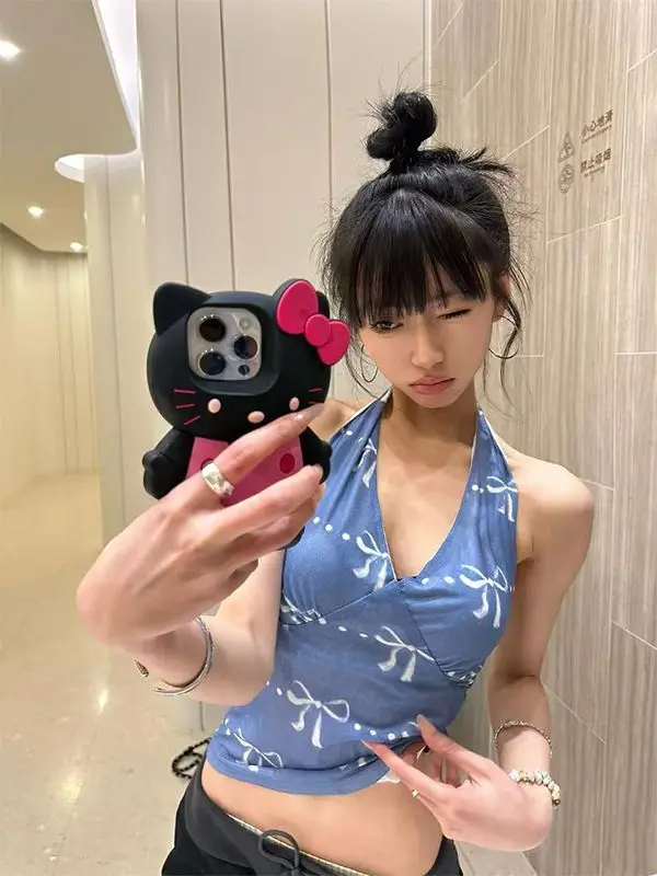 2026 Sweet Spicy Girl Niche Camisole Vest Women Summer Blue Bow Print Design Sense Slim Fit Hanging Neck Top
