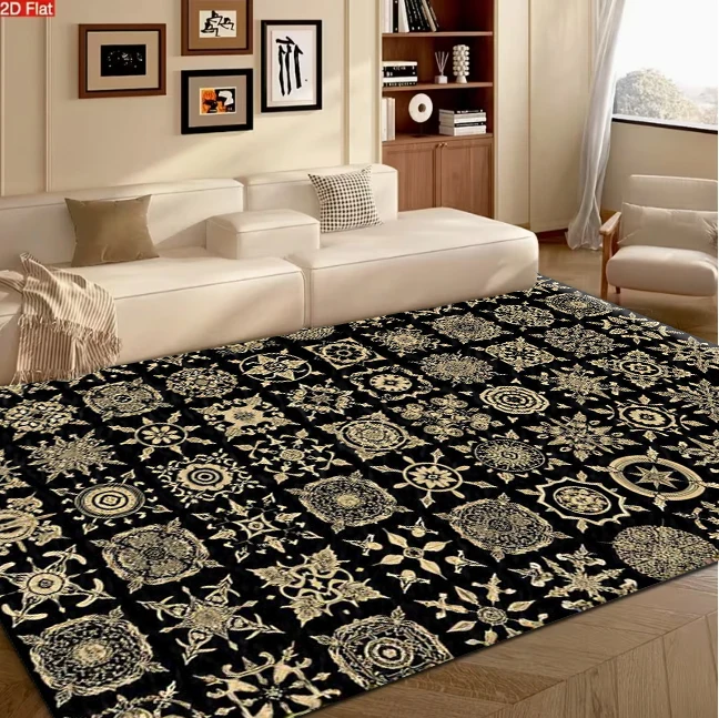 Black Background Gold Vintage Ornamental Mandala Tile Pattern carpet flooring, Antique European Medallion Art Print Area Rug for Living Room Bedroom Home Interior