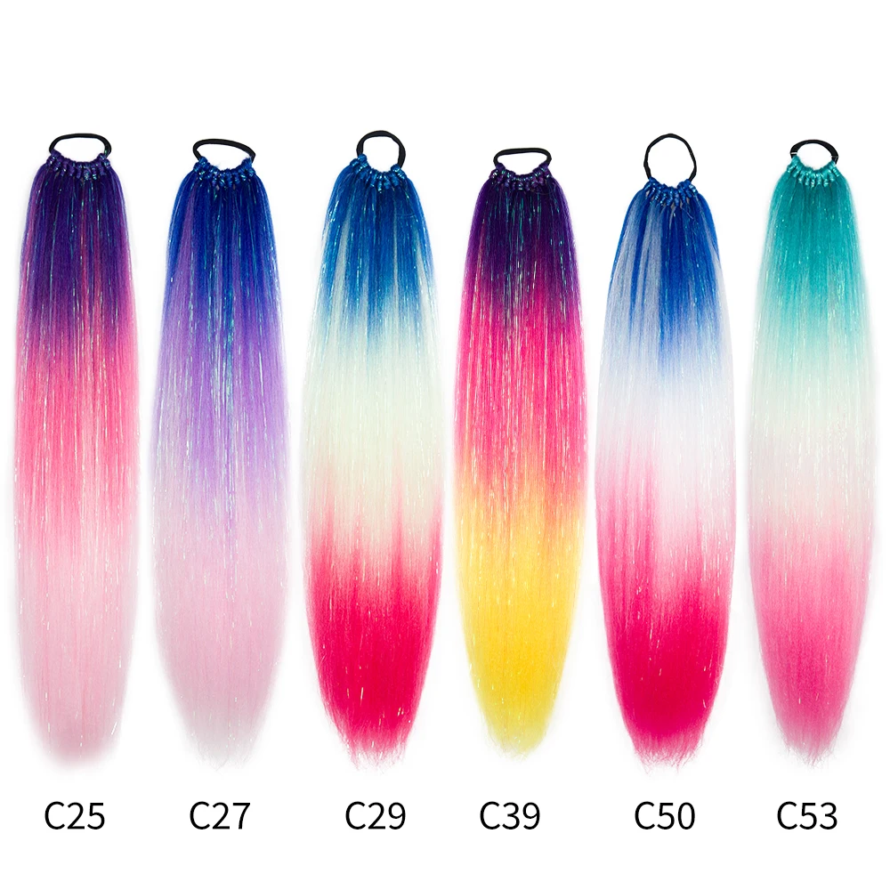 Leeons Colored Braided Ponytail Tinsel Glitter Hair Extensions Fluffy Smooth Long Yaki Straight Ponytail Synthetic Hairpieces