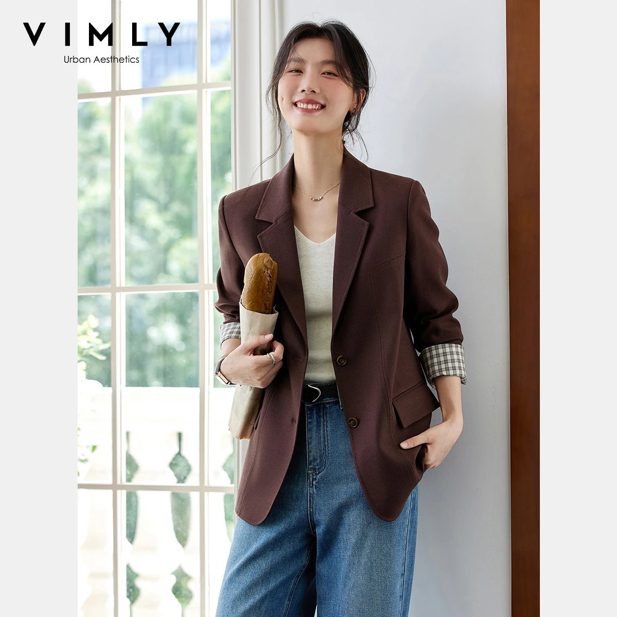 

Женские коричневые пиджаки оверсайз VIMLY, осень 2024, офисная одежда в клетку со сращенными манжетами, новые женские пальто и куртки с зубцами A2510