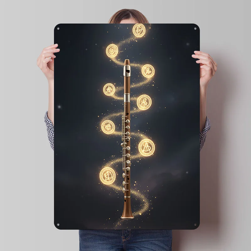 Magical Flute With Glowing Symbols Tin Plaque Poster Customized Retro Wall Art Vintage Metal Signs for Room Custom Plate Home
