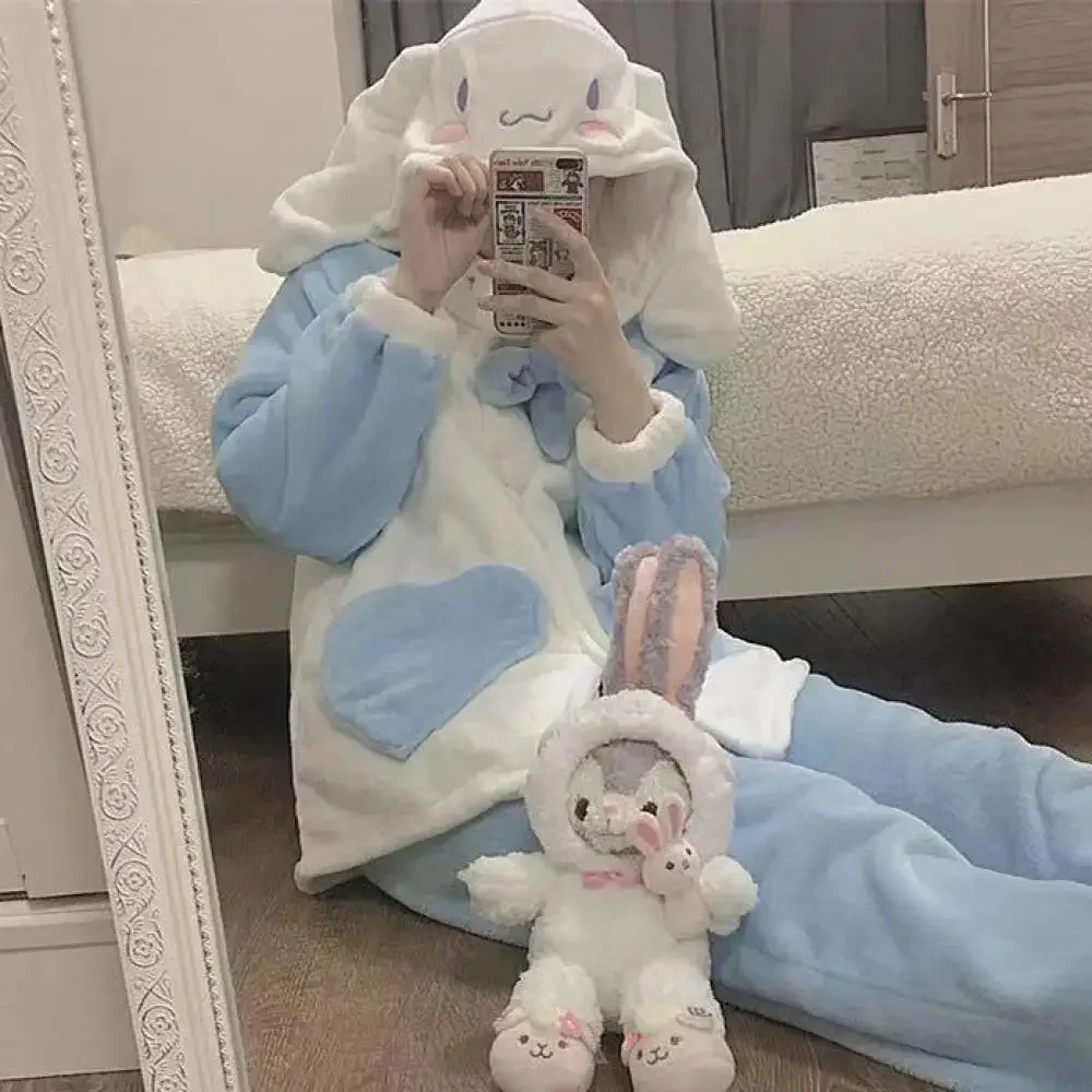 Kawaii Sanrioed Cartoon Cinnamoroll Plush Pajama Suit Anime Homewear Suit Cute Hooded Nightwear Autumn Winter Sweet Girl Student