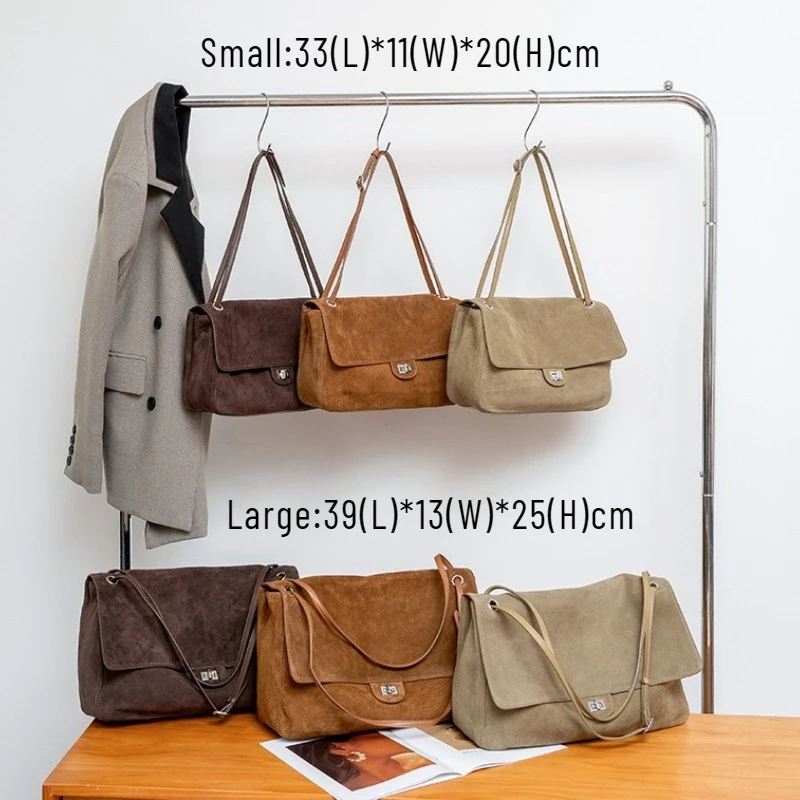 2026 Vintage Suede Genuine Leather Tote Shoulder Bag Women Luxury Frosted Cowhide French Flap Briefcase Messenger Crossbody Bag image 5