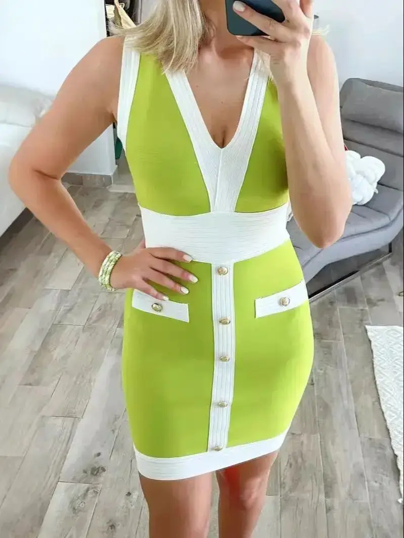 

Plunge V Sexy Party Club Sleeveless Bodycon Dress Fashion Neon Green Beaded Bandage Dress Women Autumn Quality Vestidos
