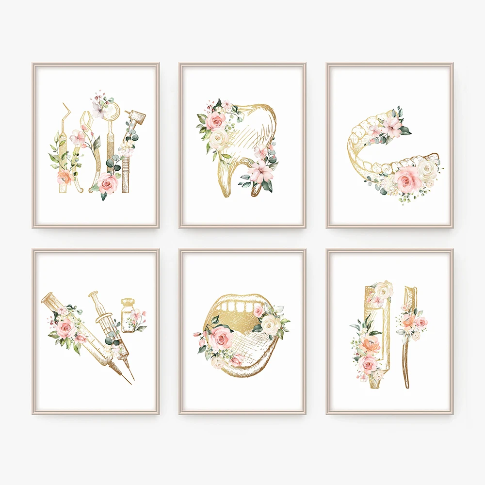 （2D Canvas painting） Dentist Wall Art Set Prints Dentistry Art Posters Gold with Flowers Teeth Tools Syringe Canvas Painting