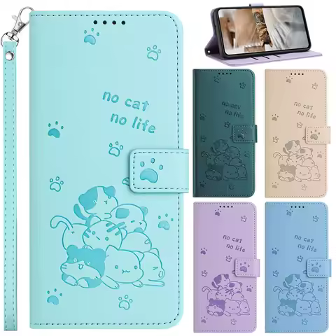 Strap Leather Phone Case for Funda Samsung Galaxy S25 S24 Ultra S23 FE S22 S21 Plus 5G S10 S8 S9 Cases 3D Cat Wallet Flip Cover