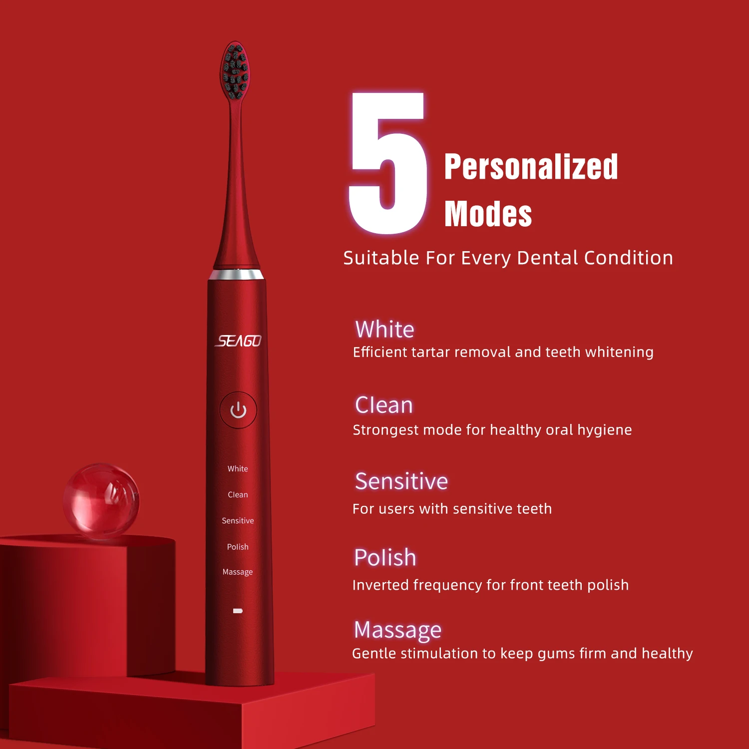 SEAGO New Electric Toothbrush Sonic With Travel Box 5 Mode Waterproof Fast Rechargeable  Tooth Brush Head Adult  S5  Couple Gift