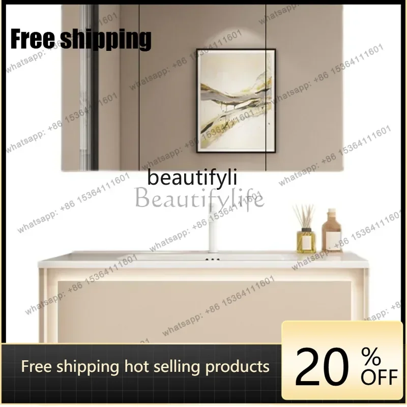 Factory CustomizationCream Style Integrated Ceramic Basin Bathroom Cabinet Combination Solid Wood Intelligent French Bathroom Wa