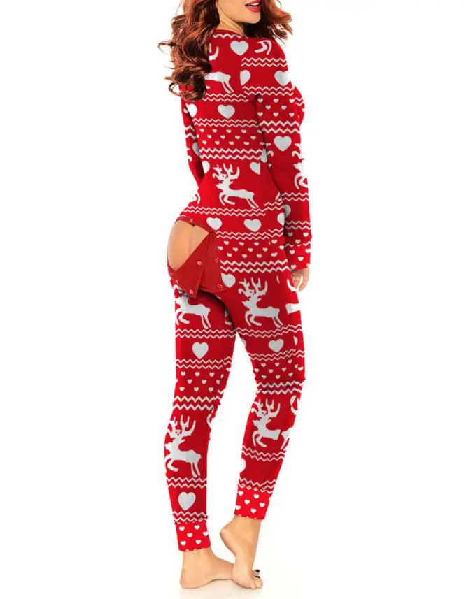 Winter Clothes Women\'s New Christmas Fashion Cutting Function Button Flaps Adult Pajamas Casual Home Wear Women Pants Bodysuit