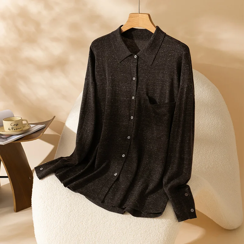 เสื้อคาร์ดิแกนโปโลถักสำหรับผู้หญิง เสื้อสเวตเตอร์ติดกระดุม ผ้าลินินผสมขนสัตว์ลายมาร์เลด