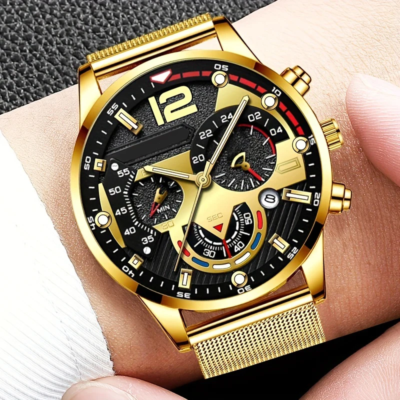 Gold Luxury Fashion Mens Watches Stainless SteeQuartz Wristwatch Calengar Luminous ClockMen Business Casua Watch Reloi Hompre