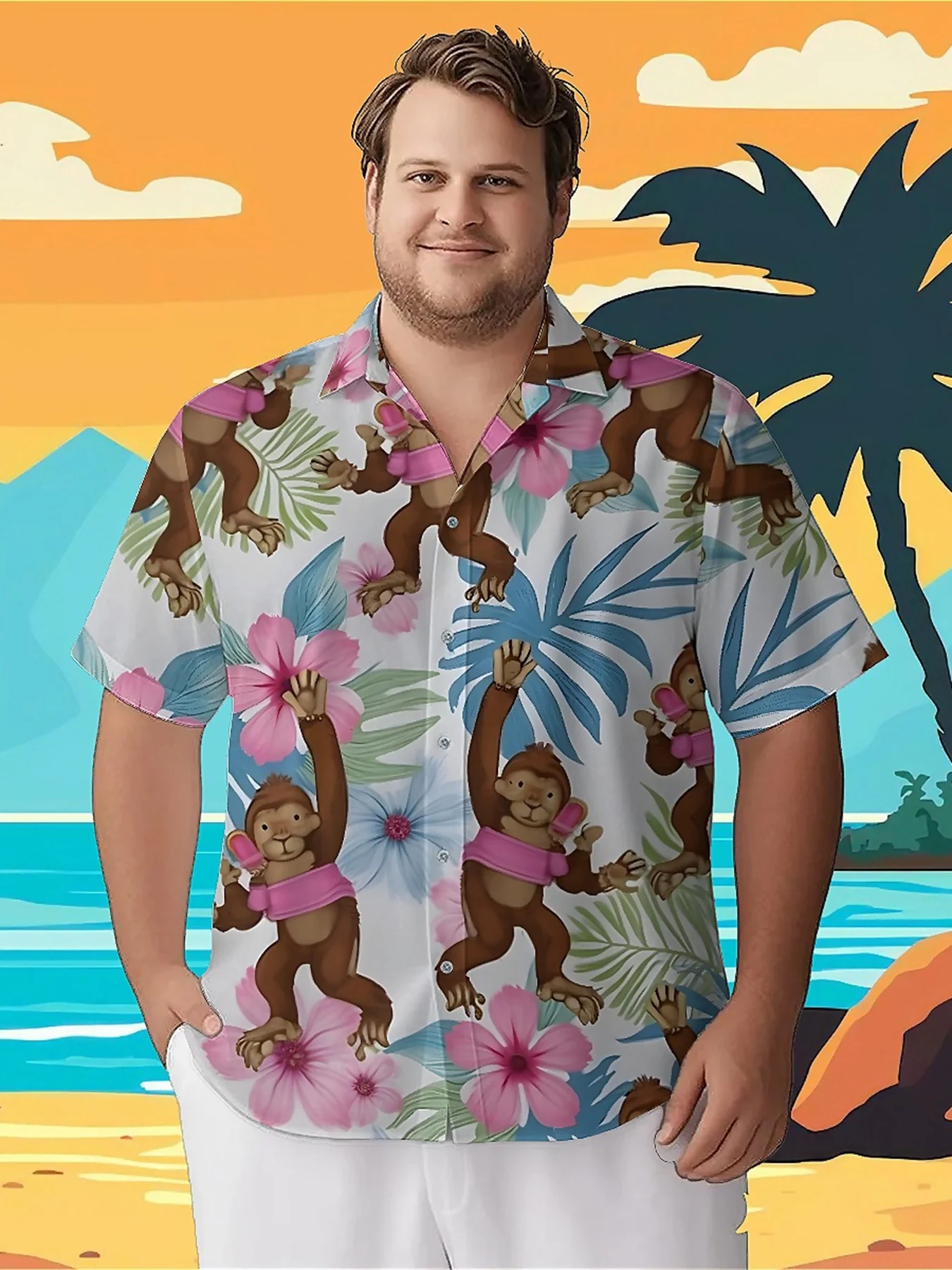 

Men's Plus Size Hawaiian ShirtsTropical Monkey Themepattern, Button Up Shirts, Unisex Casual Clothing, Summer Tops