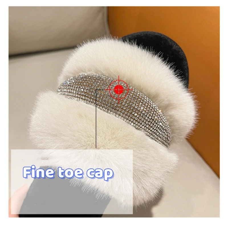 Diamond Inlaid Flat Bottomed 2023Winter Slippers Women\'S Fashion Casual Flat Fur Slippers Ladies Shoes Sapatos Feminino Chanclas