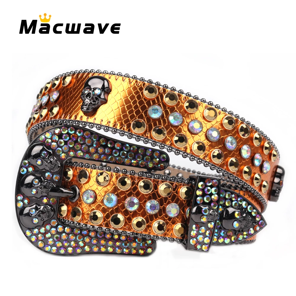 

Rhinestone Belt For Women Men Fashion Skull Belt Luxury Designer Diamond Studded Waistband Cowboy For Jeans Ceinture Femme