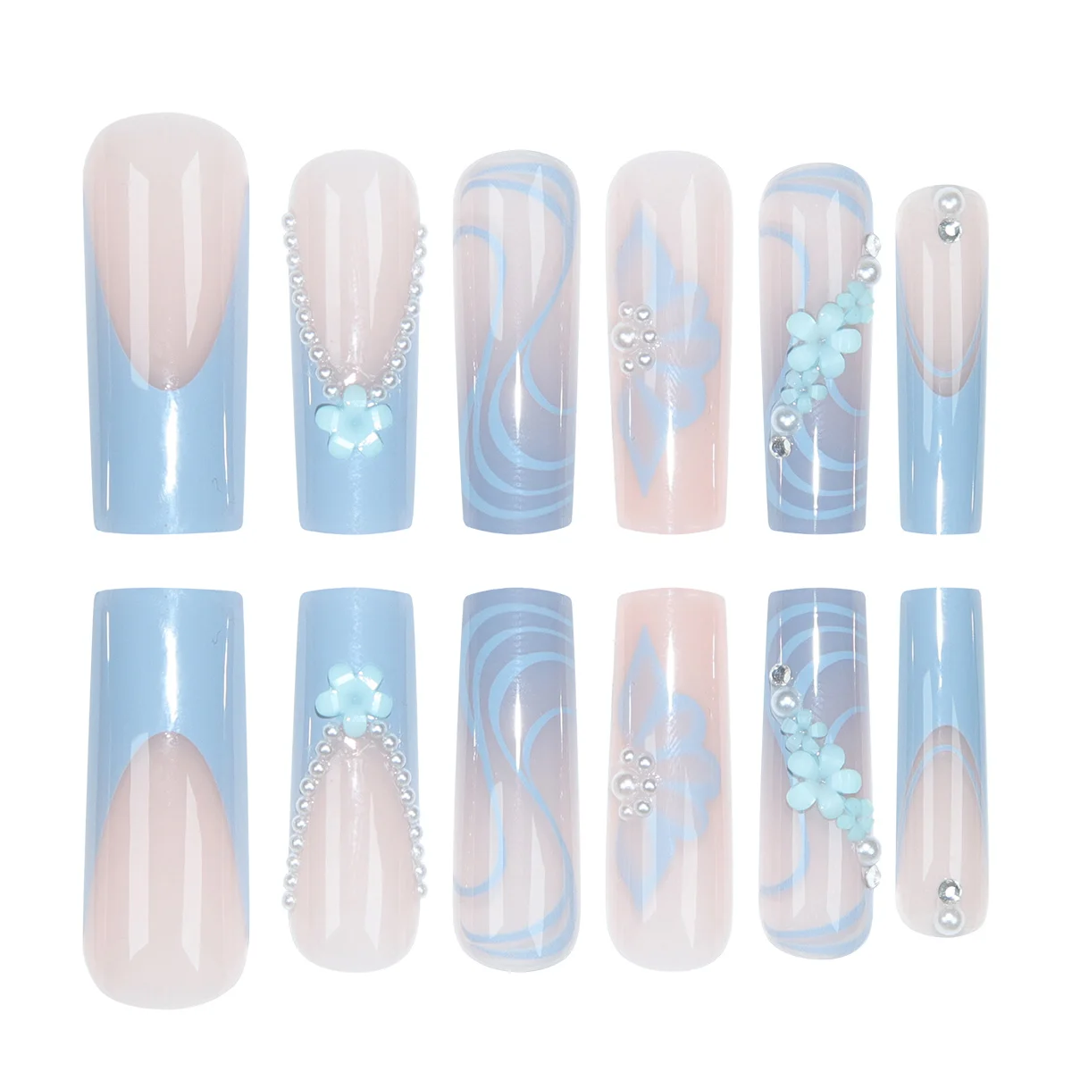 24 Piece Long Coffin Blue French&flower Pattern Fake Nails ABS Full Cover Glossy Fake Nails Summer Collection