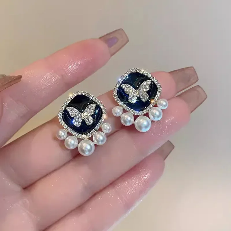 Glaze Black Square Crystal Butterfly Imitation Pearl Stud Earring for Women Temperament Jewelry Christmas Girlfriend Gift image 3