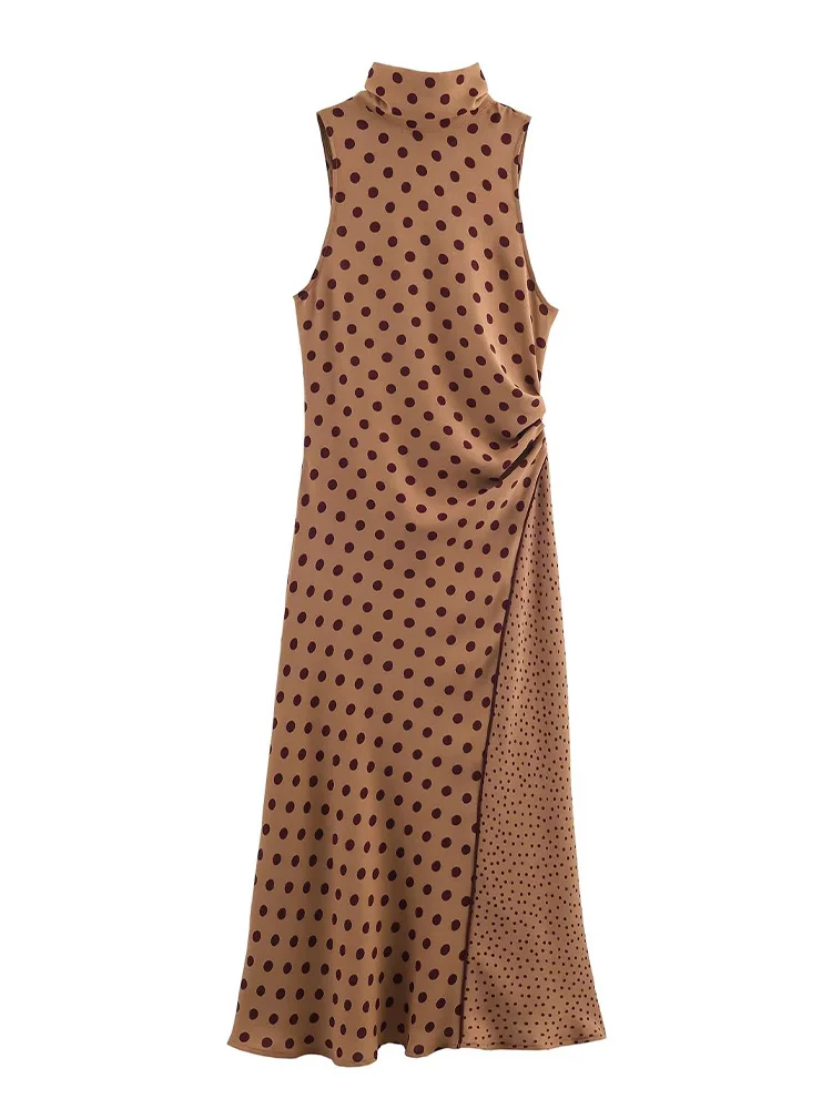 

HH Woman Buttons Pleated Decorate Slim High-necked Midi Dress Women Summer Fashion Sleeveless Polka Dots Bow Lace-up Dress