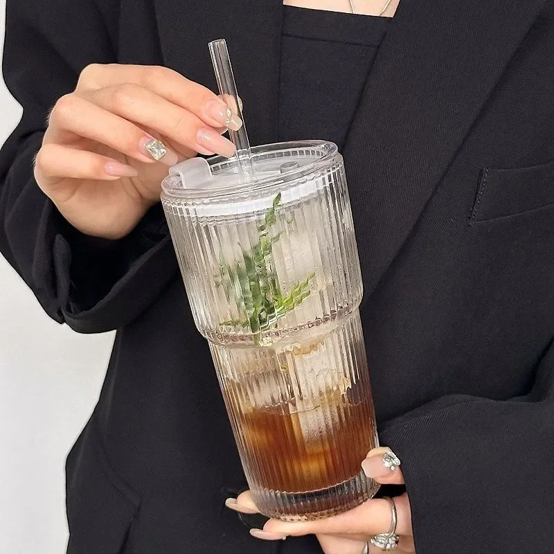 600ML Stripe Glass Coffee Cup With Lid and Straw Transparent Drinking Glasses for Juice Milk Tea Cups Iced Coffee Mugs Drinkware