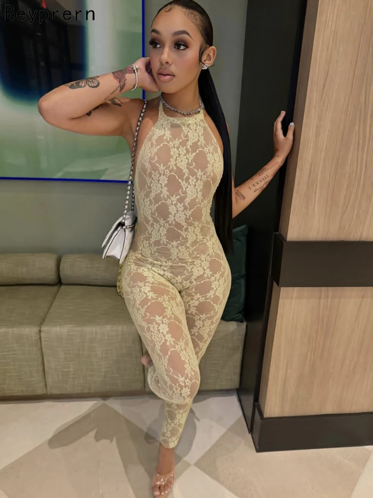 Beyprern ​ ​ Tuta Sexy in Pizzo Trasparente con Halter, Elegante Abito Aderente Senza Schienale da Donna, Tuta Estiva da Club, Macacão Feminino