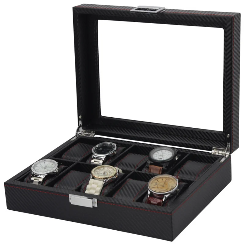 New Classic 5/6/10 Slots  Carbon Fibre Watch Box Leather Black Watch Display Box With Lock Men or Women Watches Organizer