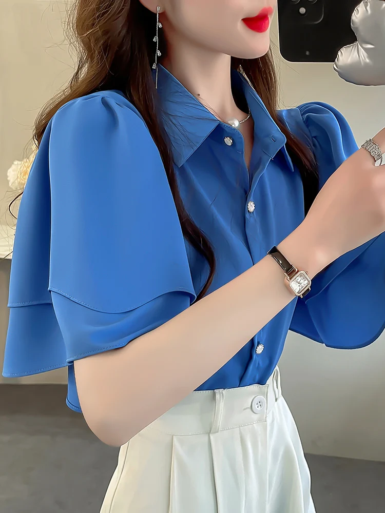 

Summer Women's Chiffon irt ort Sve Pure Color Design Sensation Lily Breathable Top Fairy Aosphere Chinese Brand